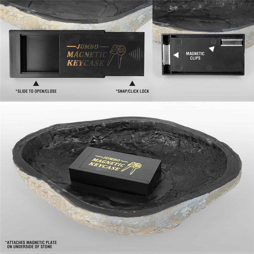 Custom memorial garden stone with black magnetic keycase option attached inside