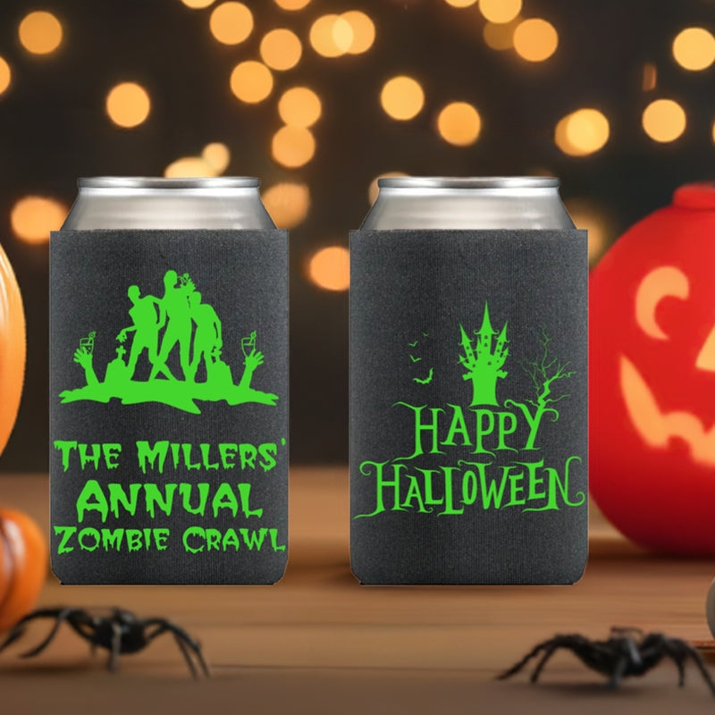 Halloween can coolers black neoprene with neon green zombie crawl and Happy Halloween designs