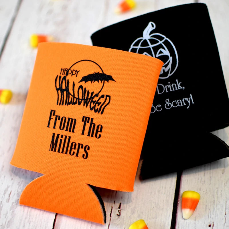 Personalized halloween can coolers set in orange and black with pumpkin bat designs and candy corn