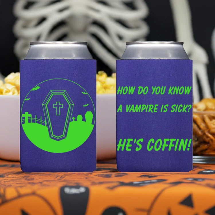 Pair of halloween can coolers purple with neon green coffin graphic and vampire joke text hes coffin