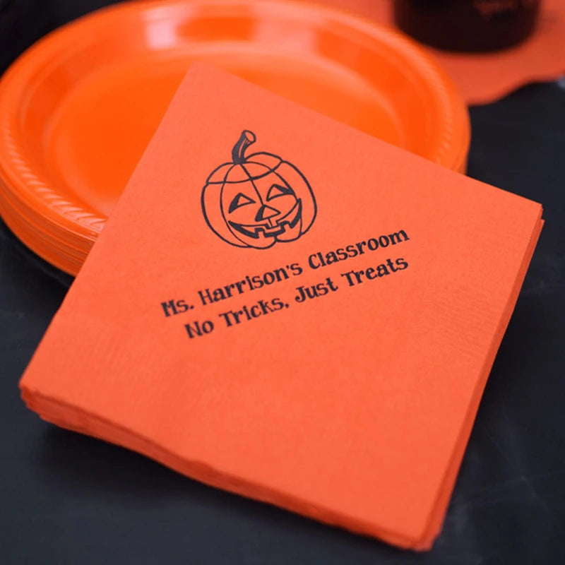 Tippytoad orange personalized Halloween cocktail napkins with black jack o lantern and teacher message