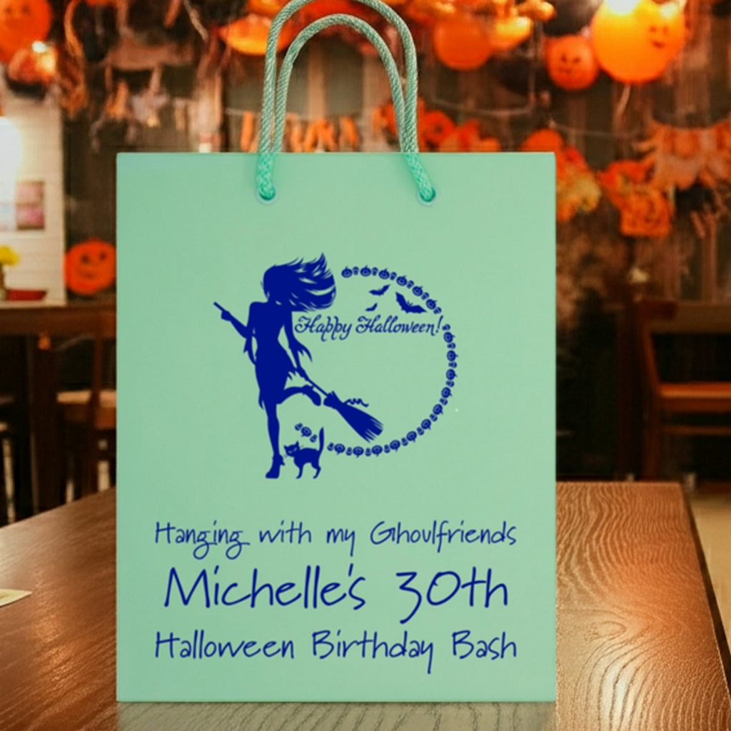 Personalized Tippytoad Halloween gift bags for birthday parties featuring a witch and custom text