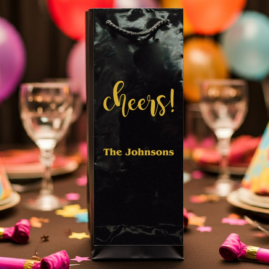 Custom Printed Christmas Wine Bottle Gift Bags Tippytoad black glossy bag with gold cheers and personalized name