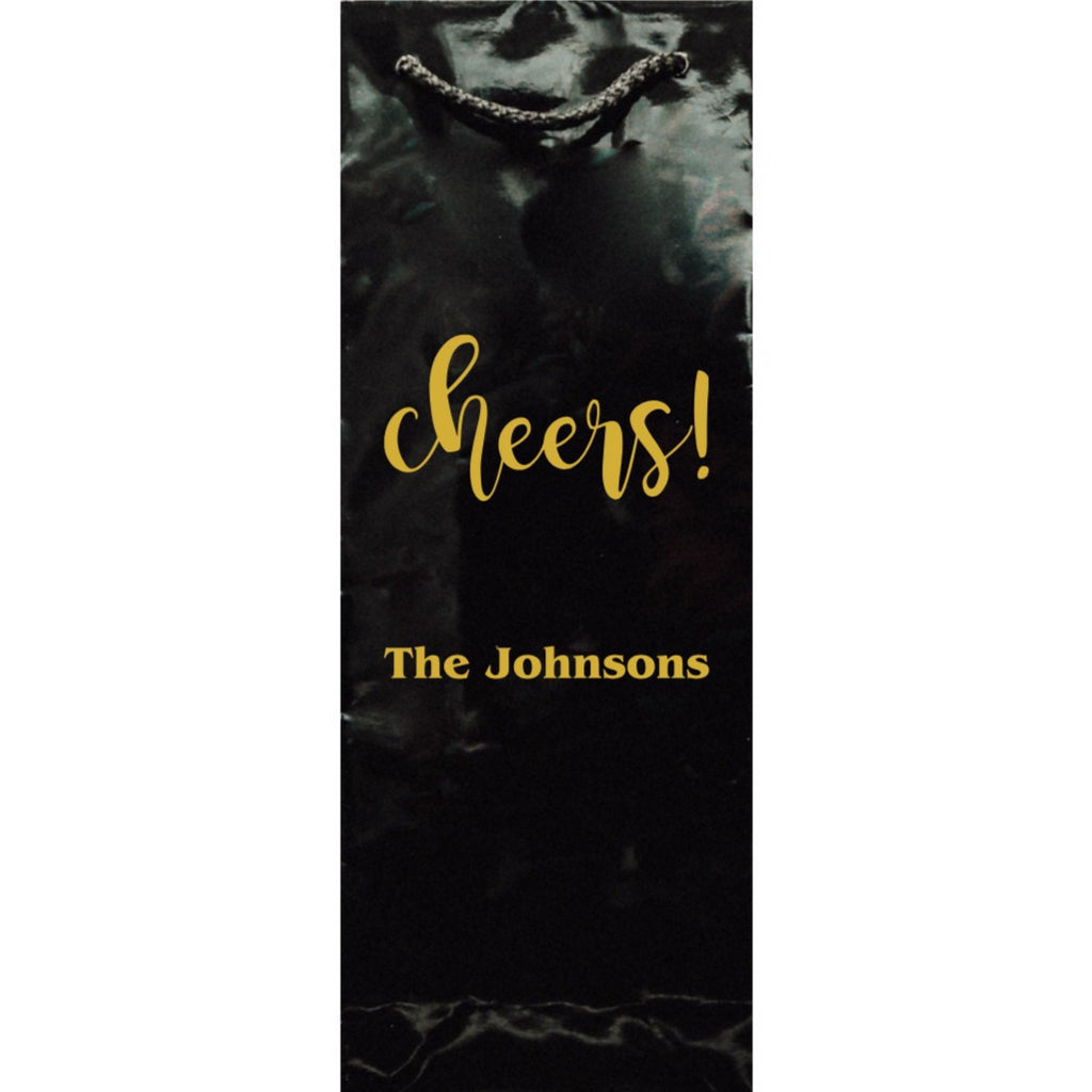 Black glossy wine bag with gold cheers and personalized The Johnsons rope handle Custom Printed Christmas Wine Bottle Gift Bags