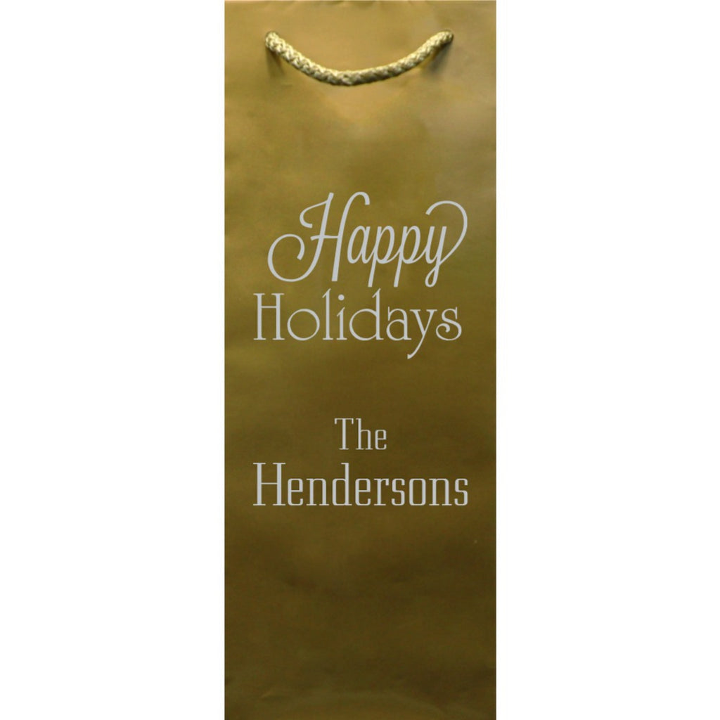 Tippytoad Custom Printed Christmas Wine Bottle Gift Bags gold wine bottle bag with rope handle Happy Holidays The Hendersons