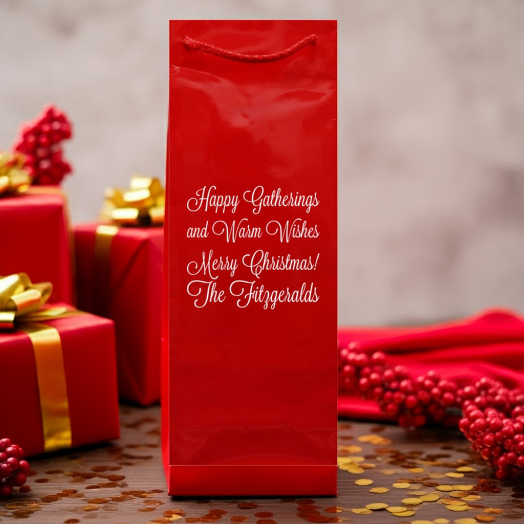 Custom Printed Christmas Wine Bottle Gift Bags red glossy wine bag with white script Merry Christmas personalization
