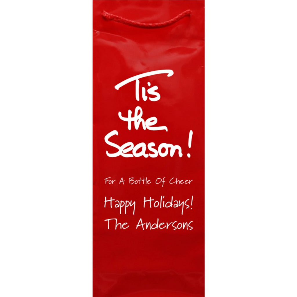 Tippytoad Custom Printed Christmas Wine Bottle Gift Bags red glossy personalized holiday bottle bag reading Tis the Season