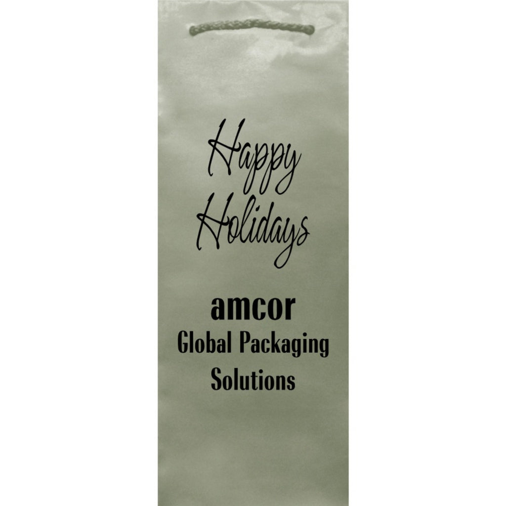 Custom Printed Christmas Wine Bottle Gift Bags Tippytoad beige satin bottle bag with Happy Holidays script and amcor logo