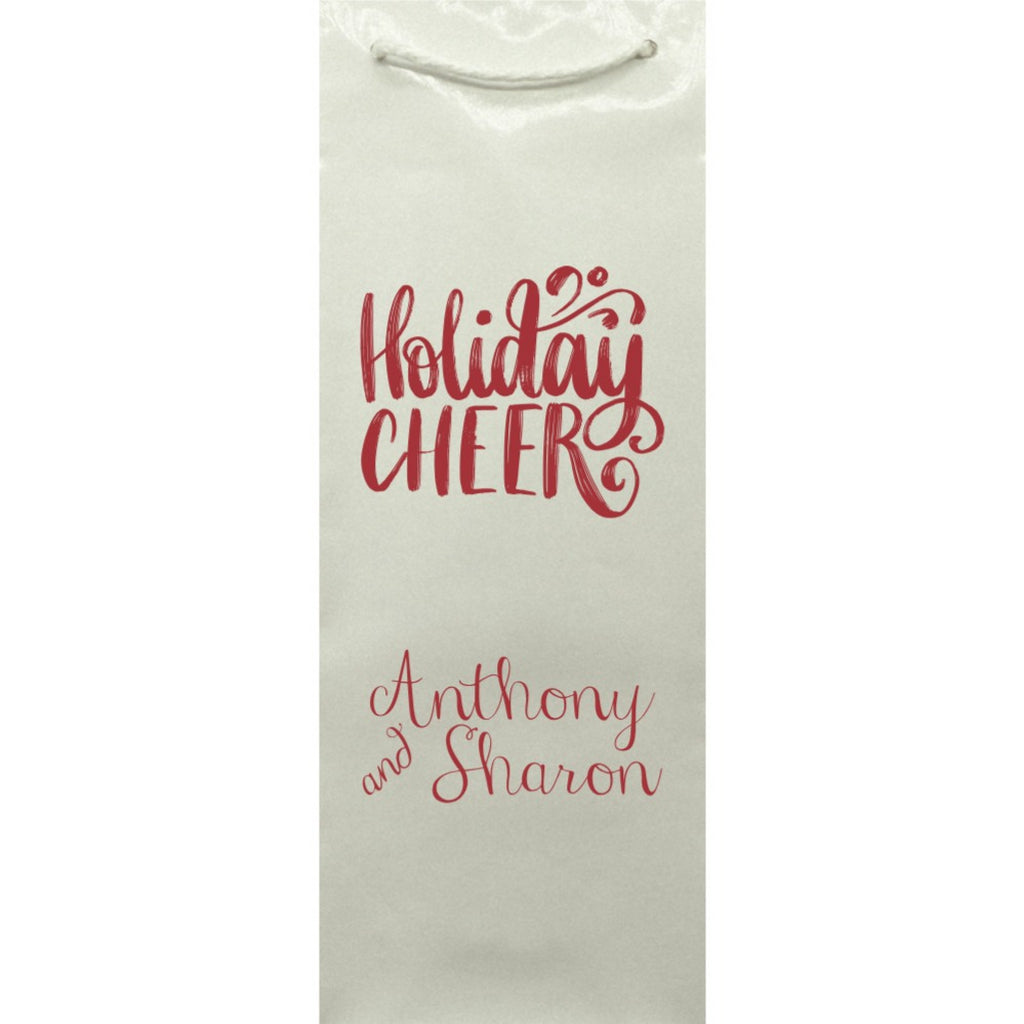 Custom Printed Christmas Wine Bottle Gift Bags ivory bag with red Holiday Cheer script and names Anthony and Sharon