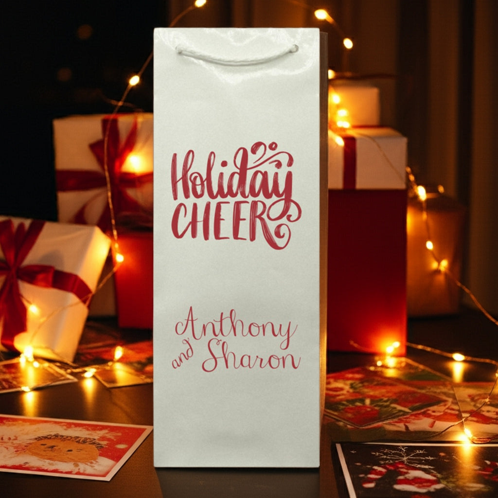 Custom Printed Christmas Wine Bottle Gift Bags white bag with red Holiday Cheers and personalized names amid holiday lights