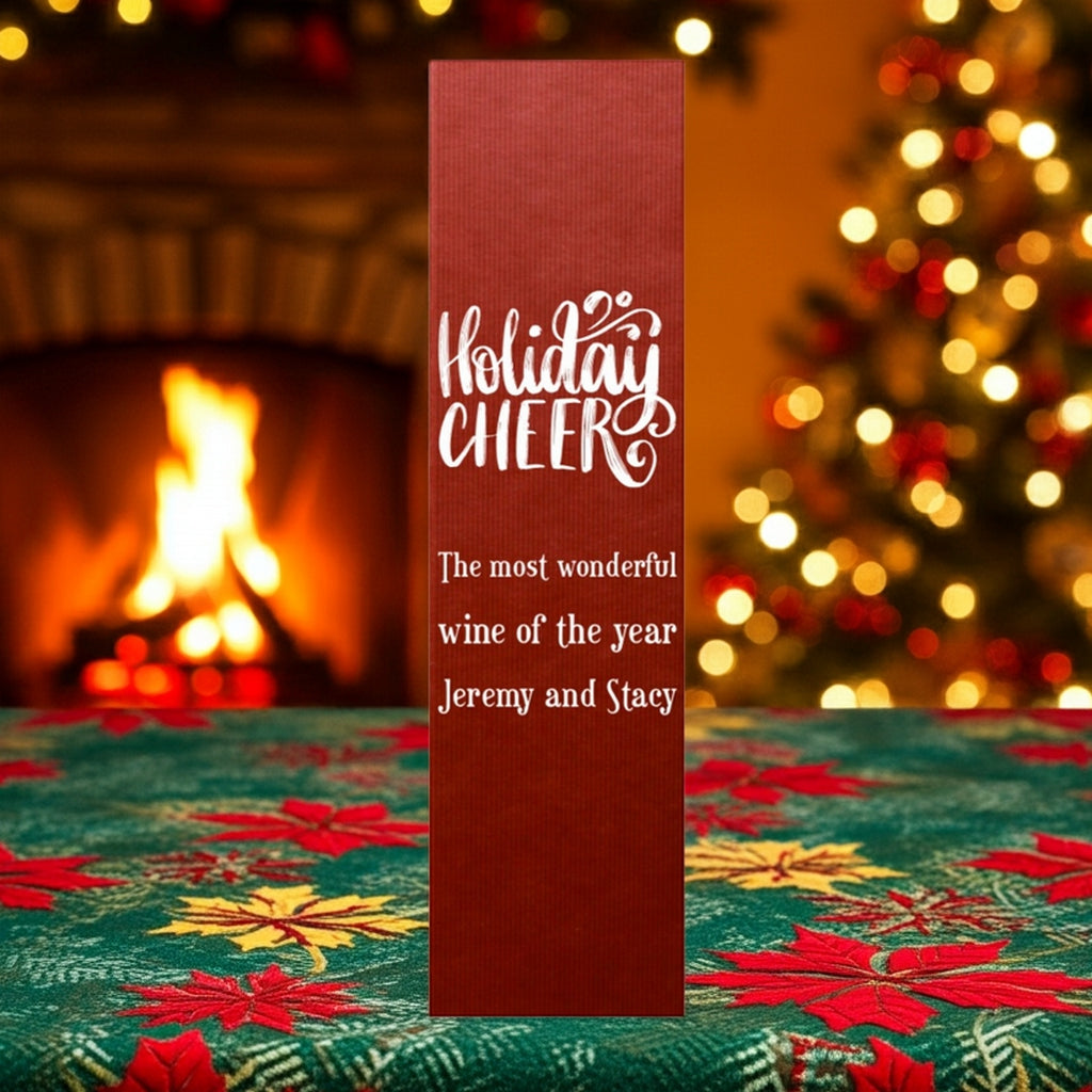 Tippytoad red Holiday Cheer wine bag on poinsettia tablecloth by fireplace custom printed Christmas wine bottle gift boxes