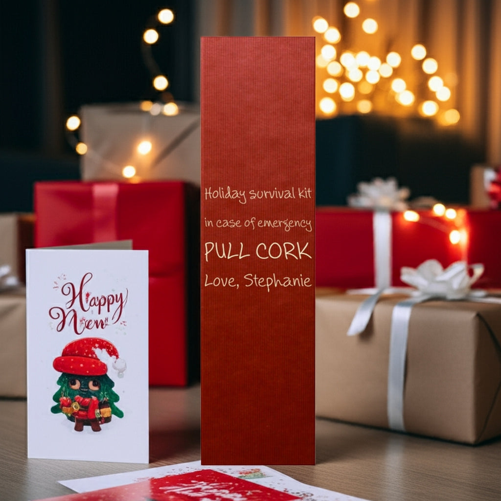 custom printed Christmas wine bottle gift boxes red tall box with Holiday survival kit print beside wrapped gifts and card