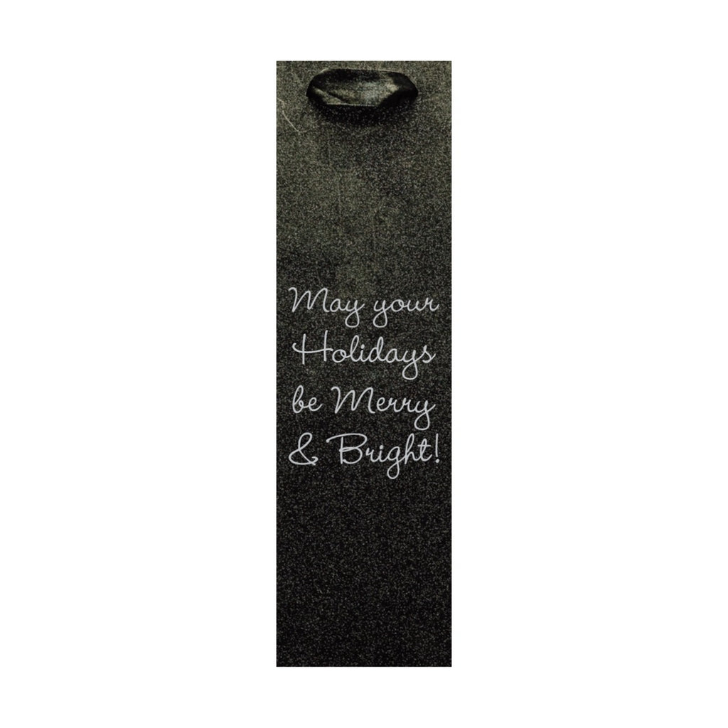 Black glitter wine bottle bag with white script greeting custom printed glitter christmas wine bottle gift bags