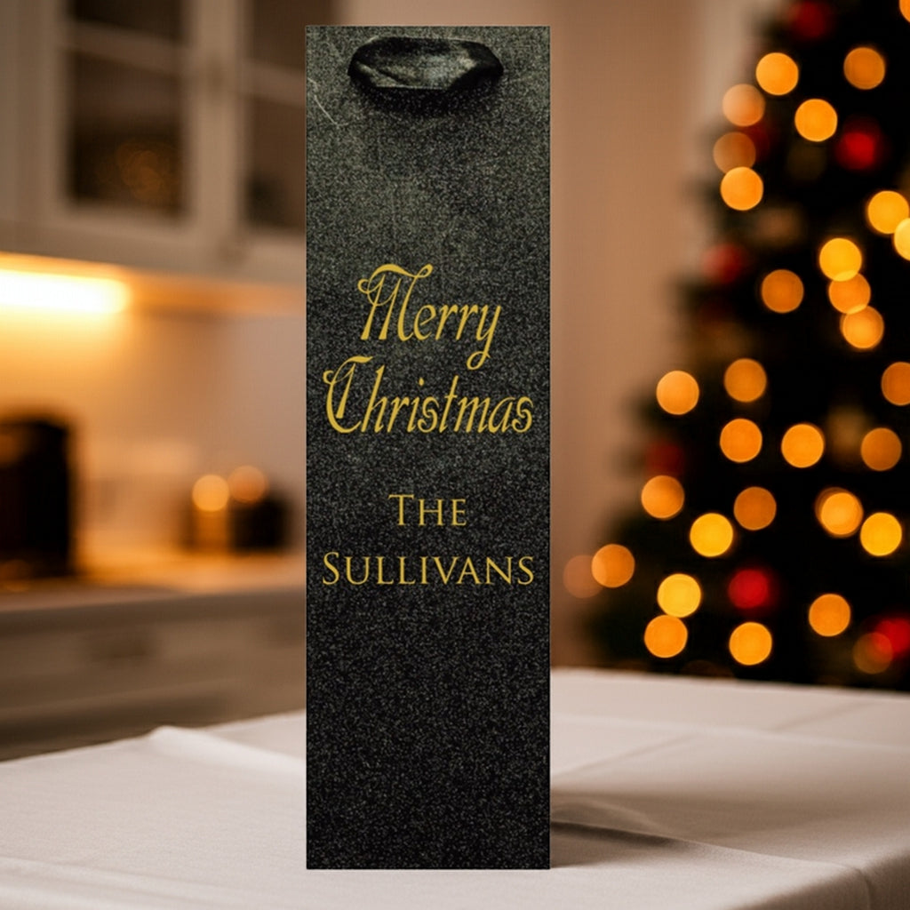Black glitter bag with gold Merry Christmas text custom printed glitter christmas wine bottle gift bags