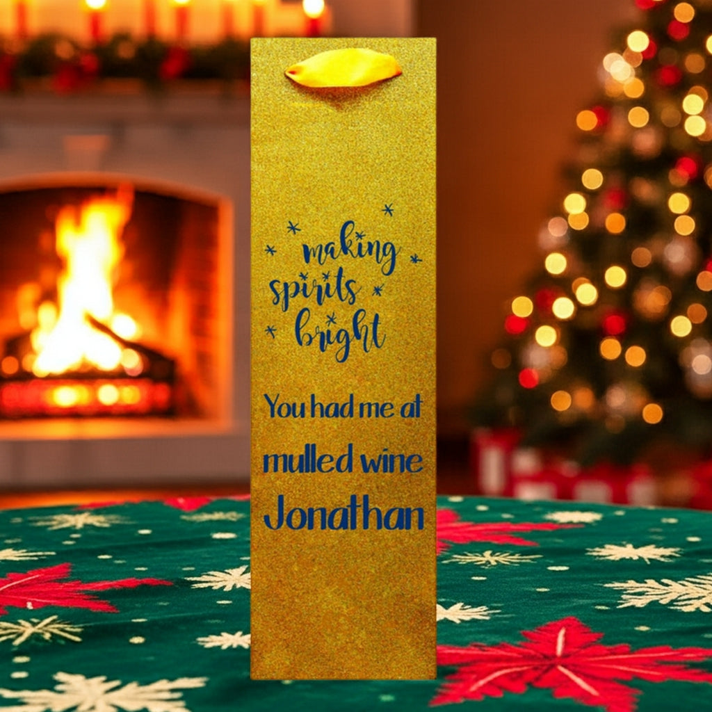 Custom printed glitter christmas wine bottle gift bags gold glitter bag with blue script and making spirits bright design