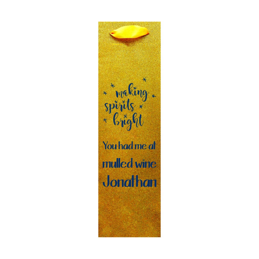 Gold glitter wine bottle bag with yellow ribbon and blue personalized text custom printed glitter christmas wine bottle gift bags