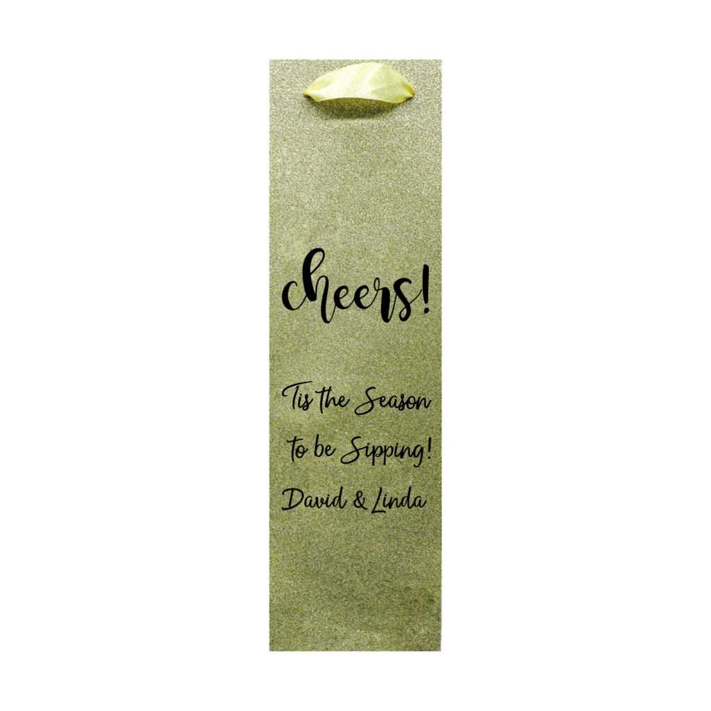 Light gold glitter wine bag saying cheers personalized David Linda custom printed glitter christmas wine bottle gift bags