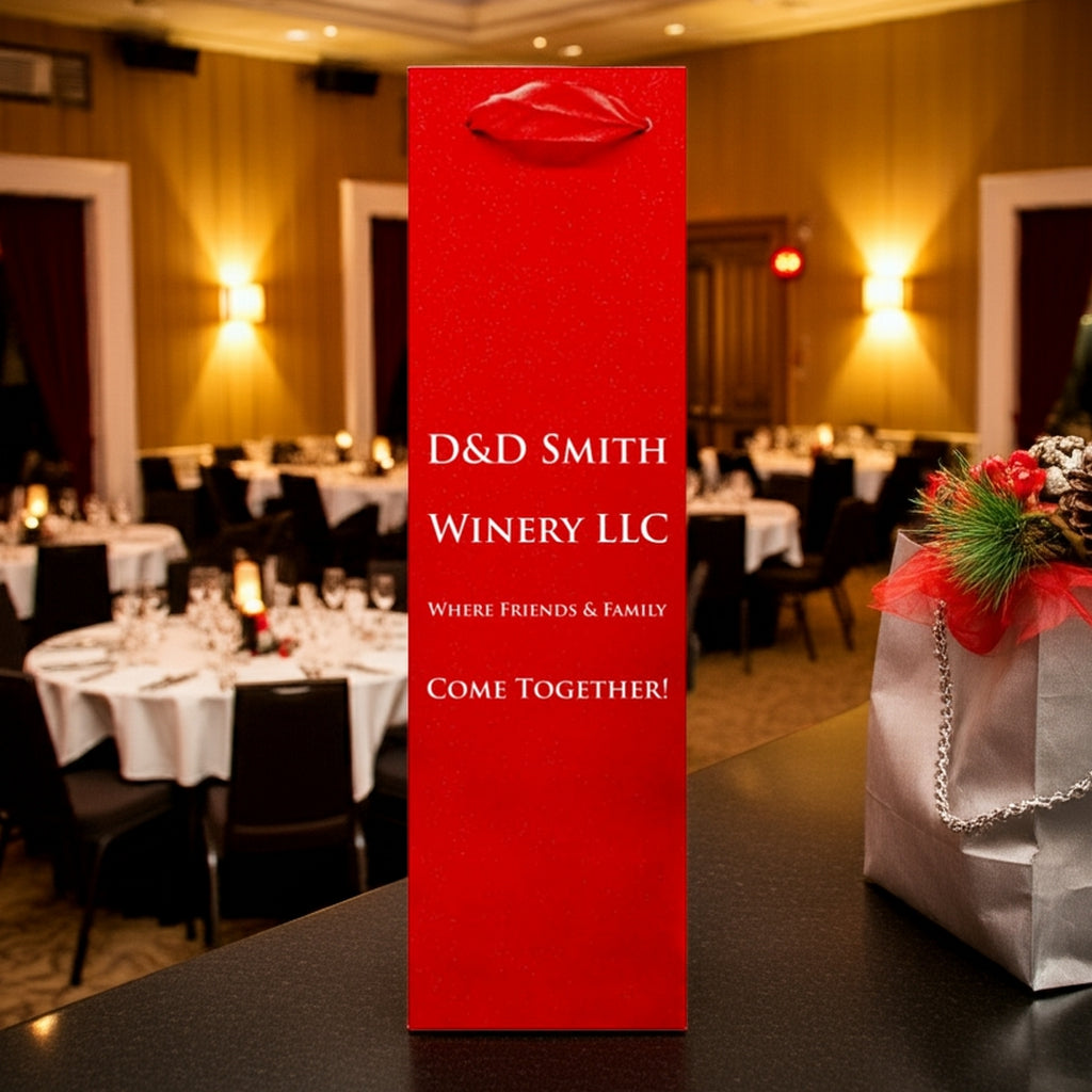 Red glitter wine bottle bag with winery text on table custom printed glitter christmas wine bottle gift bags