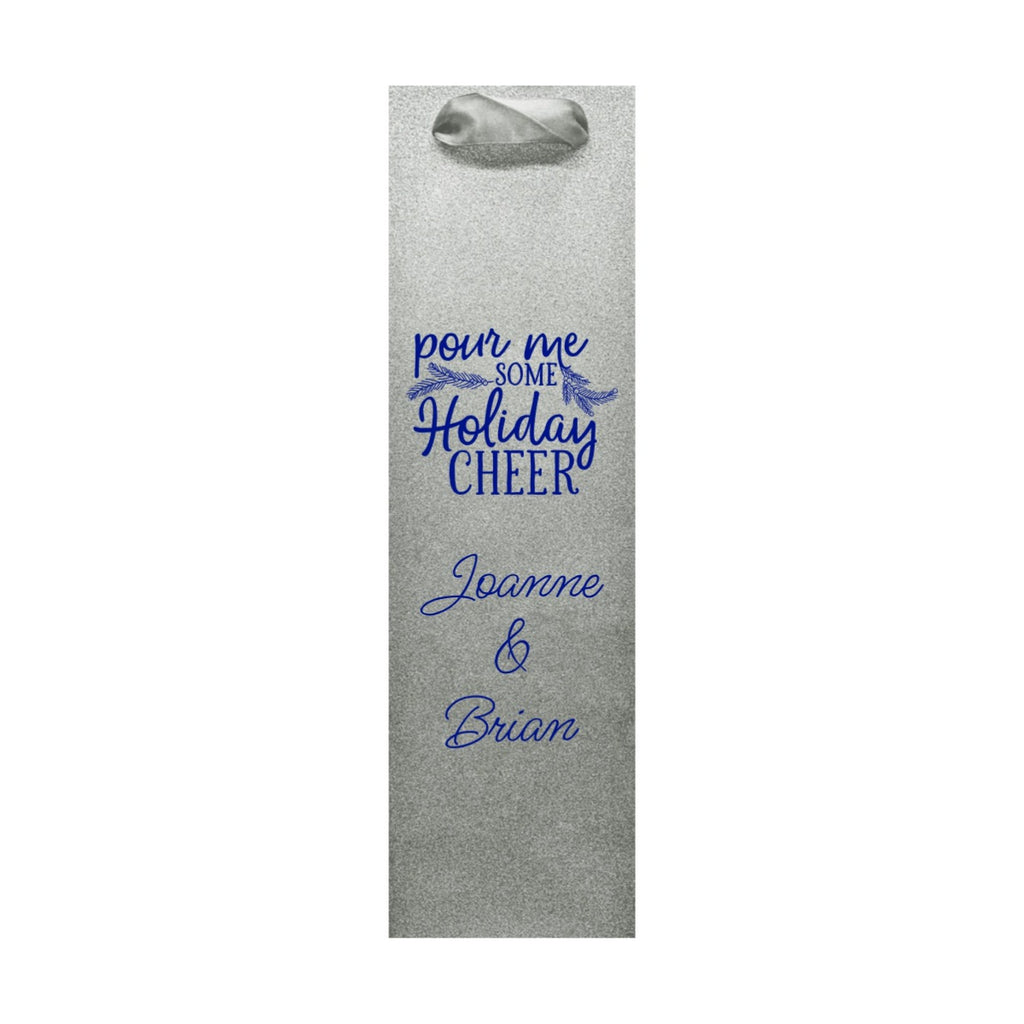 Silver glitter wine bag blue Holiday Cheer and Joanne Brian personalization custom printed glitter christmas wine bottle gift bags