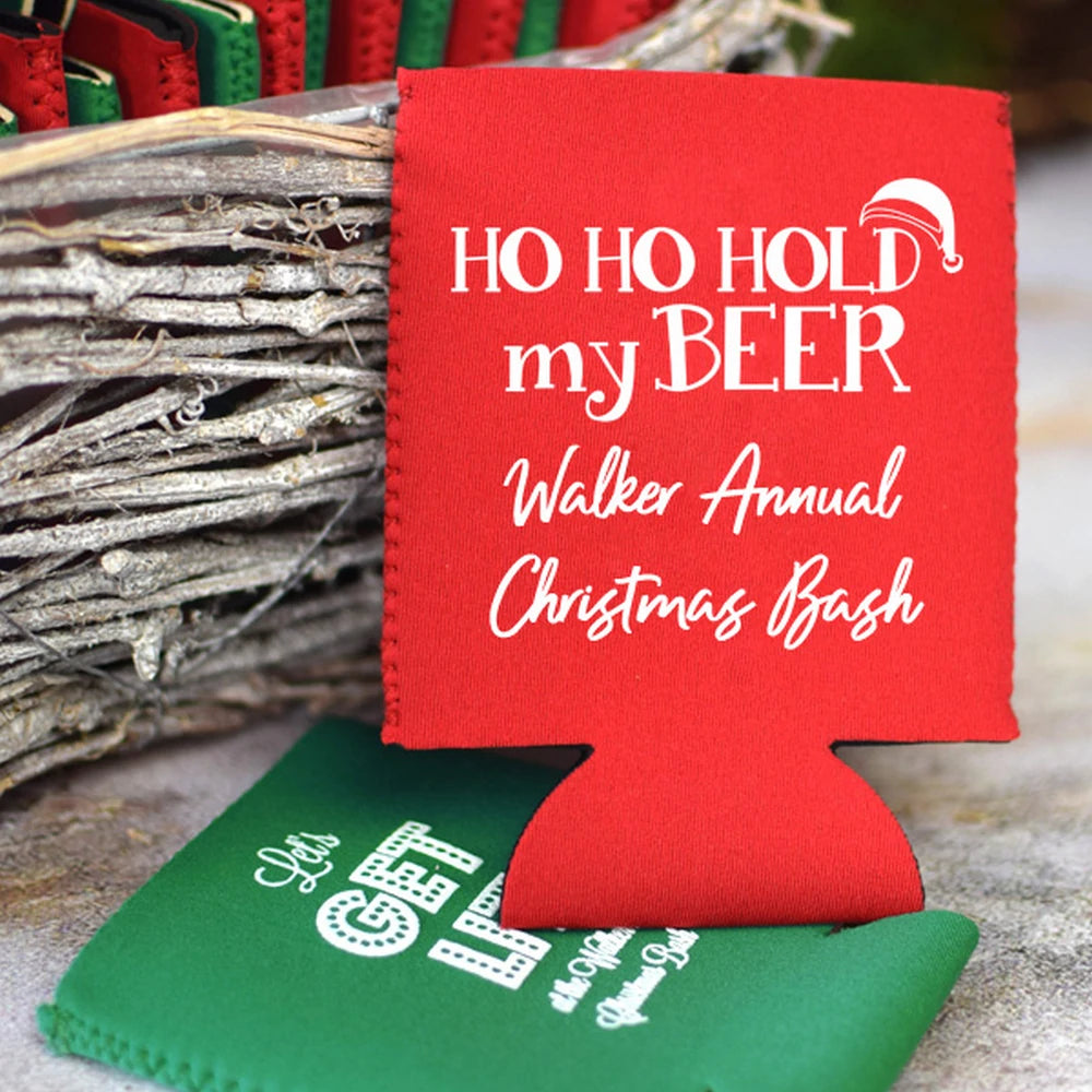 Red and green neoprene can coolie sleeves personalized for Christmas party with holiday designs and custom text in white print