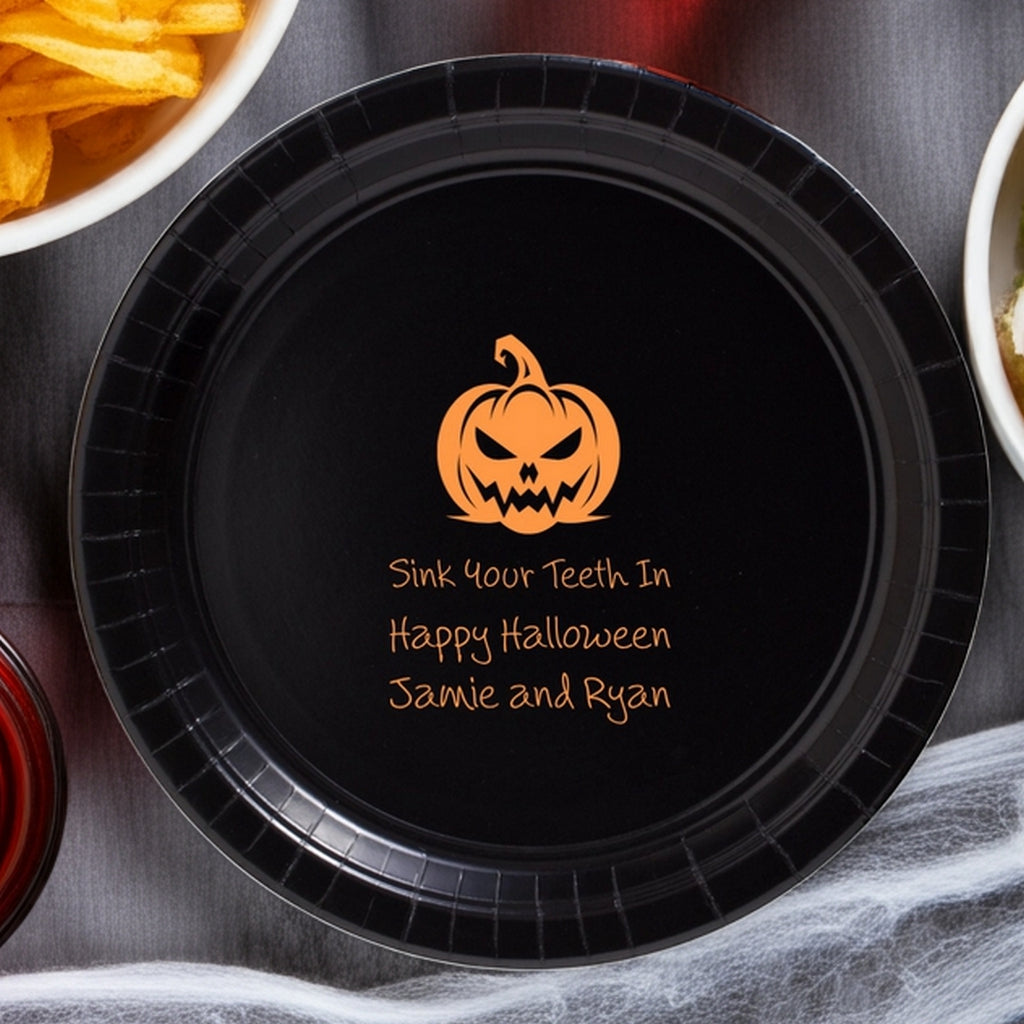 Tippytoad custom printed paper halloween appetizer and dessert Plates black plate with orange jack o lantern with custom message