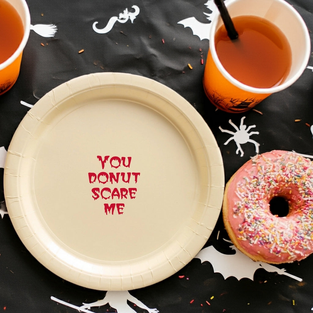 Tippytoad plate YOU DONUT SCARE ME with donut and cups custom printed paper halloween appetizer and dessert Plates