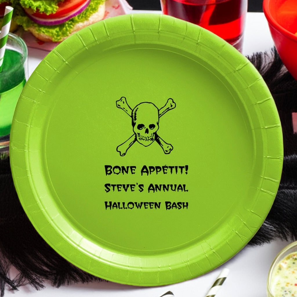 Tippytoad lime green skull design custom printed paper halloween appetizer and dessert Plates