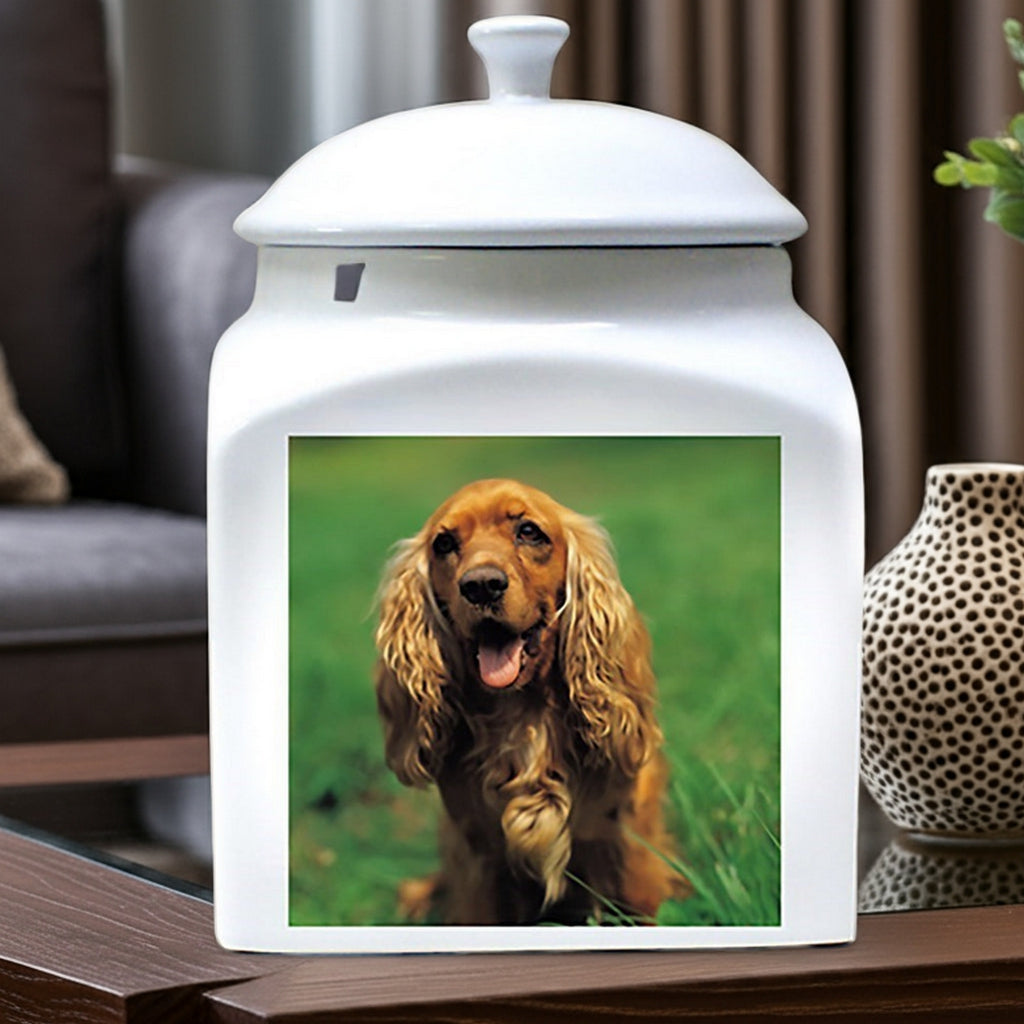 Custom printed photo ceramic dog urn featuring a dog image on white urn
