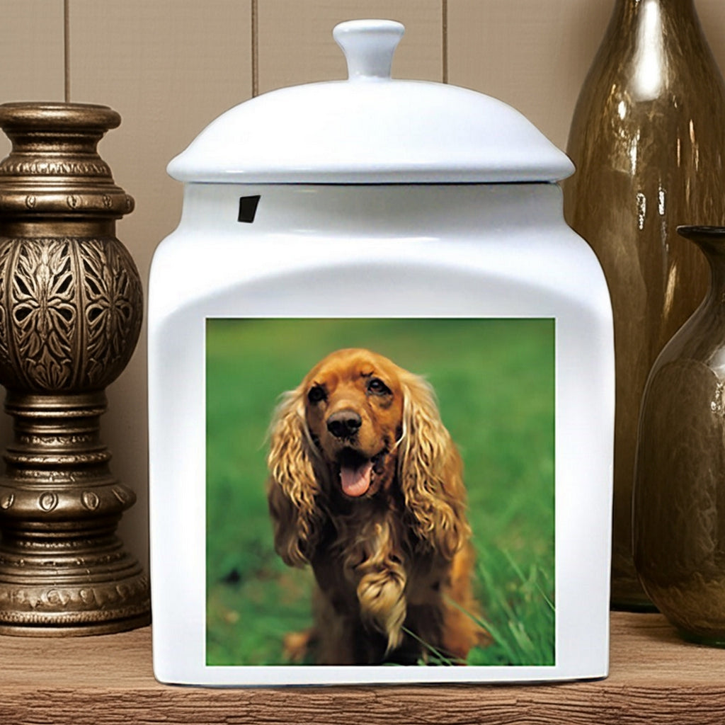 Custom printed photo ceramic dog urn with a golden retriever image on white ceramic