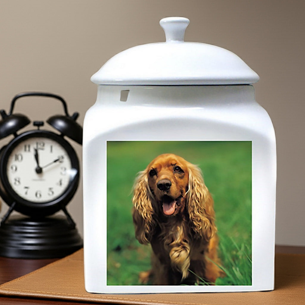 White custom printed photo ceramic dog urn with dog image on front and lid