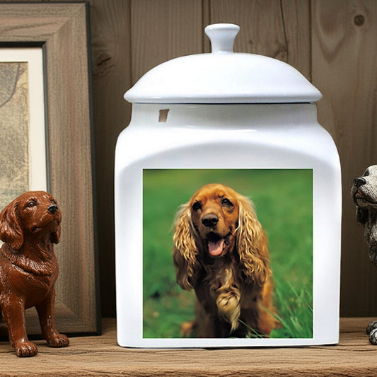 White custom printed photo ceramic dog urn with a dog's portrait displayed on the front