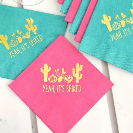 Teal and hot pink color summer party coctail napkins personalized with cacti design and 1 line of custom text in yellow print