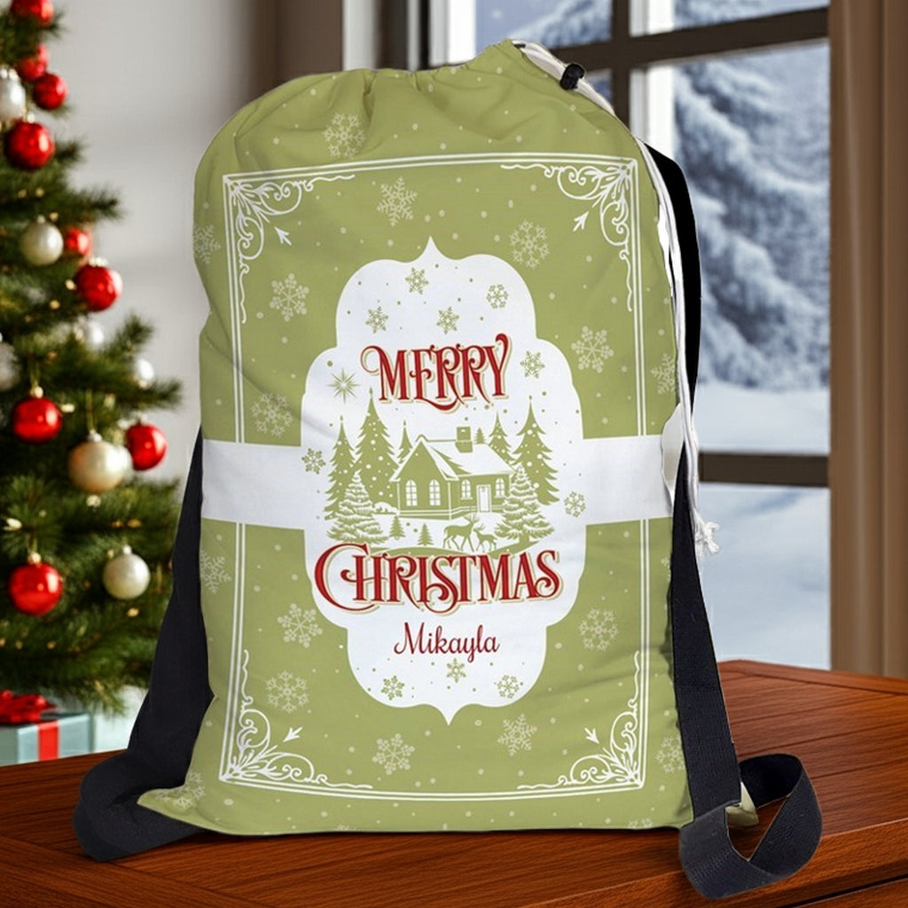 Green cabin Santa sack with Merry Christmas design and personalized name for festive gift holding