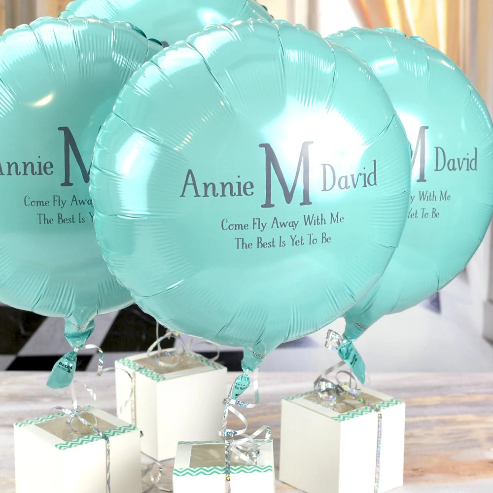 Robin egg blue wedding balloons personalized with custom monogram and text in charcoal grey print