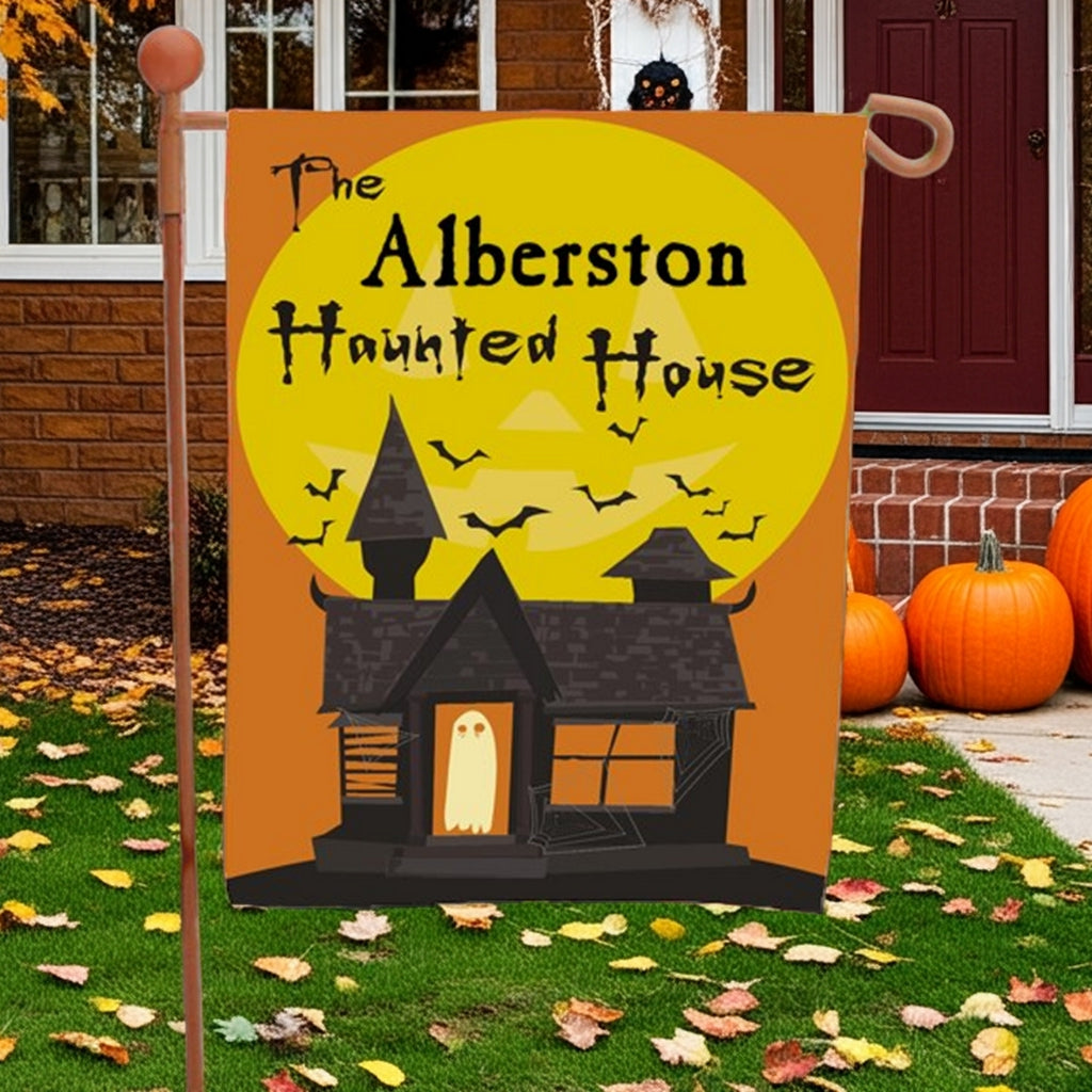 Halloween garden flag personalized with haunted house full moon bats and pumpkins