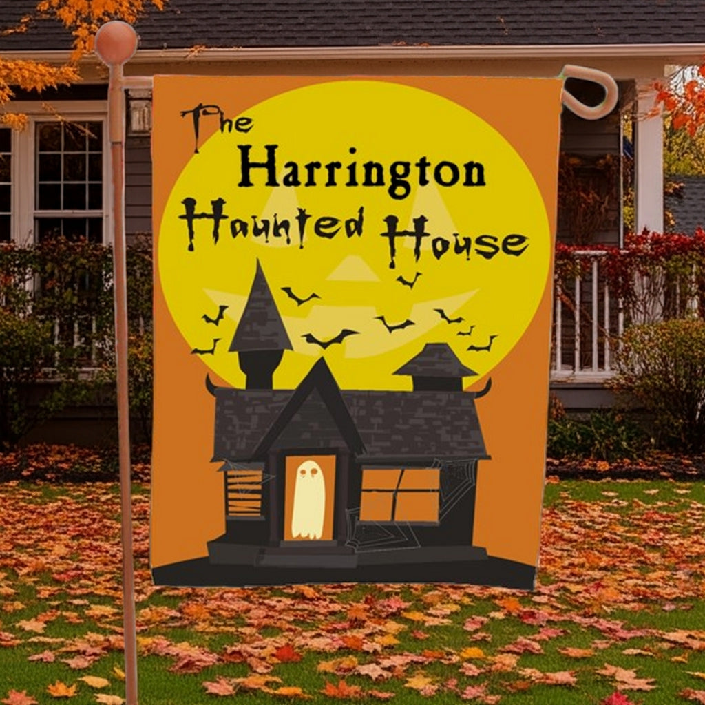 Halloween garden flag personalized featuring Harrington Haunted House design with moon bats and ghost