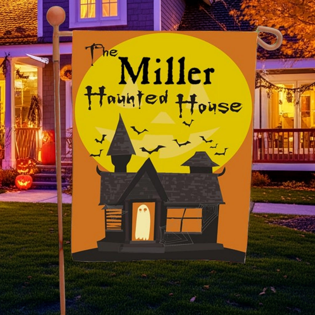 Halloween garden flag personalized Miller Haunted House design with ghost bats and full moon