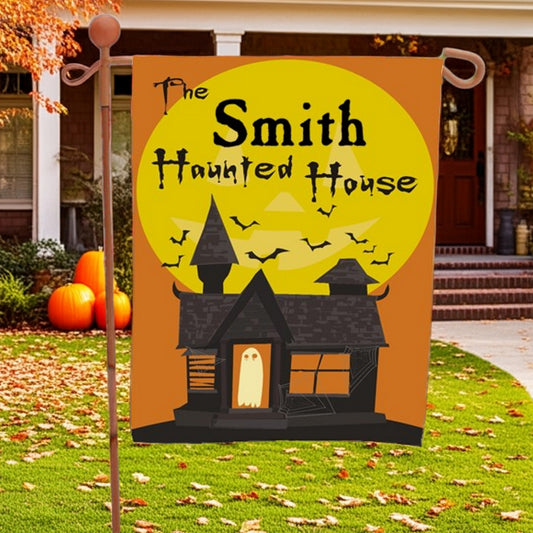 Personalized Smith Haunted House garden flag with full moon bats ghost and pumpkins halloween garden flag personalized porch decor