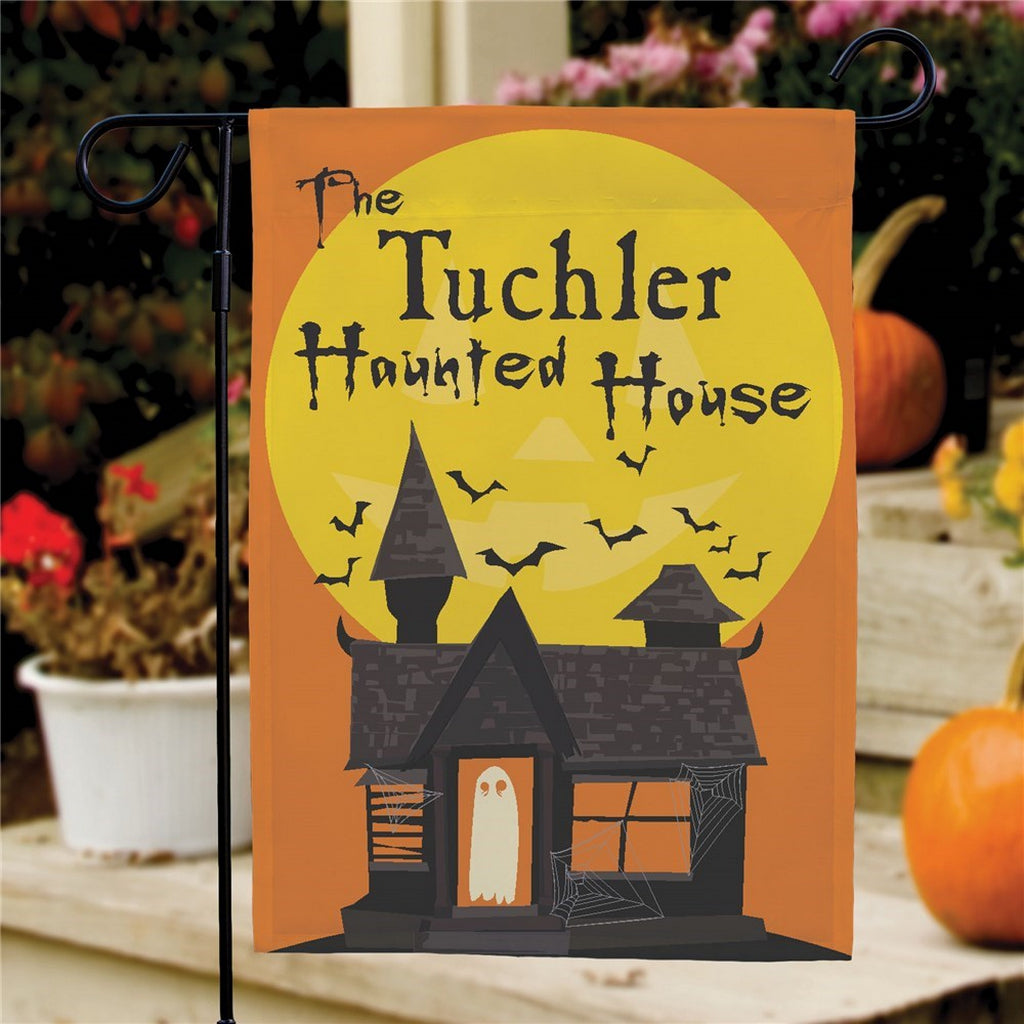 Halloween garden flag personalized orange haunted house design with full moon bats ghost for yard decor