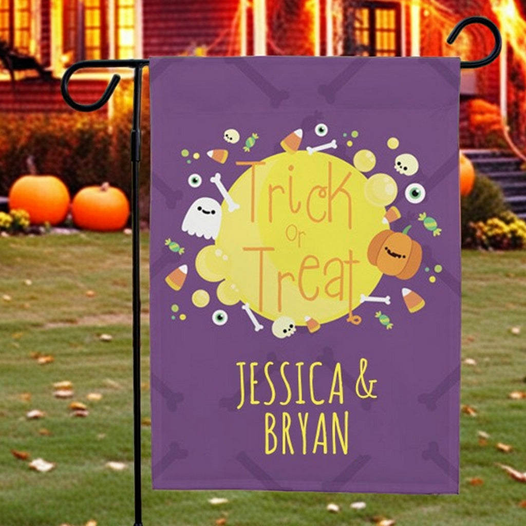 Personalized Halloween garden flag purple Trick or Treat with candy ghosts pumpkins Jessica and Bryan
