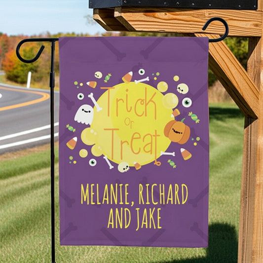 Purple personalized Halloween garden flag with Trick or Treat icons and family names Melanie Richard and Jake