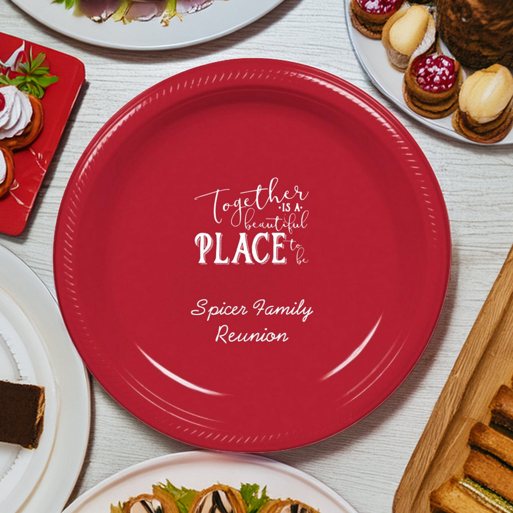 Customized 7 In plastic family reunion plates red with white text for Spicer family reunion by Tippytoad