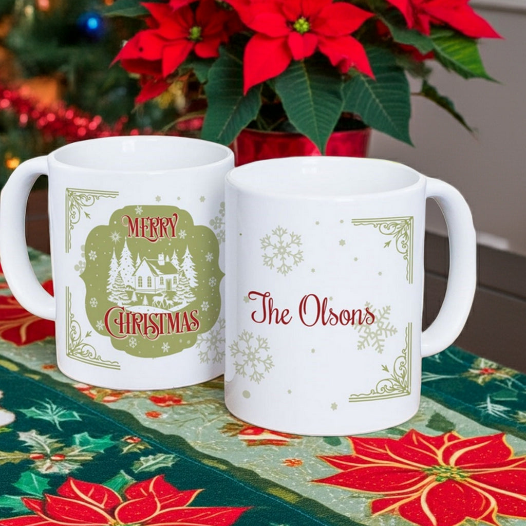 Customized Christmas mug featuring a festive cabin design and family name for holiday coffee and tea