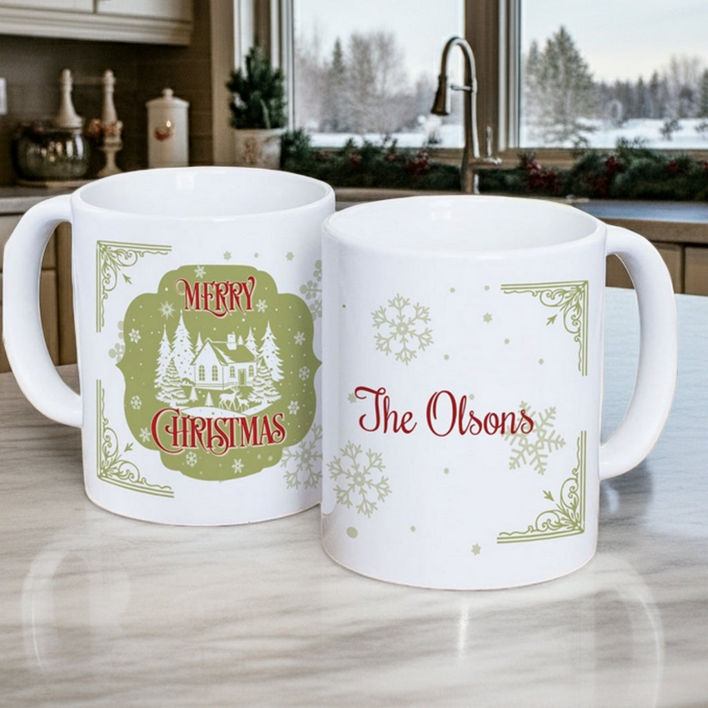 Personalized Christmas mug featuring festive designs and the name The Olsons for holiday celebrations