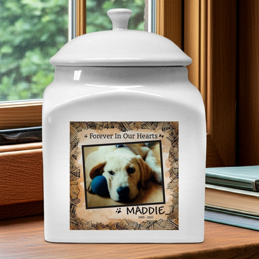 Personalized photo dog urn with a custom photo and name Maddie on white ceramic