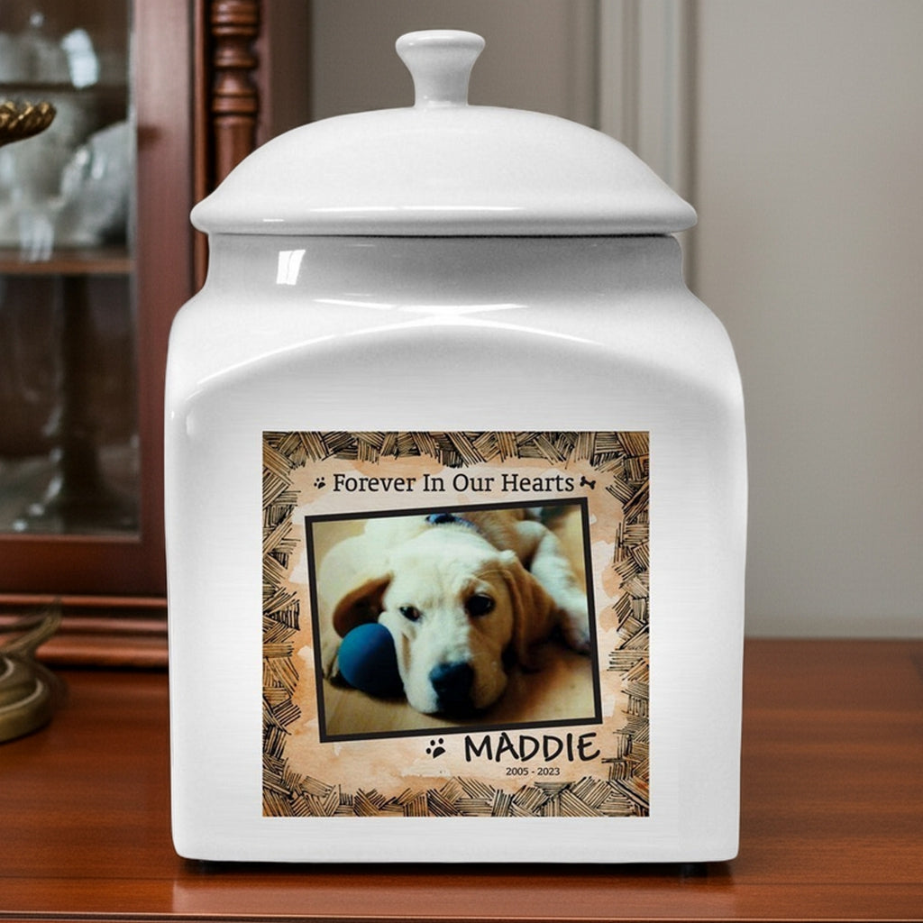 Personalized photo dog urn with custom pet image and name Maddie on white ceramic urn
