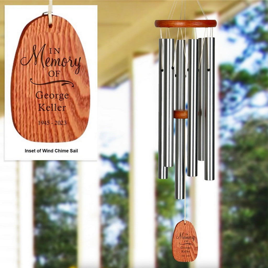 Engraved in loving memory wind chime with wooden sail personalized with name and dates
