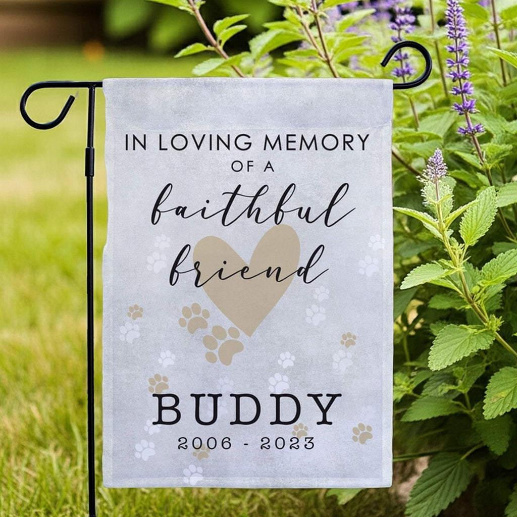 faithful friend in loving memory pet memorial garden flag with heart and paw prints design