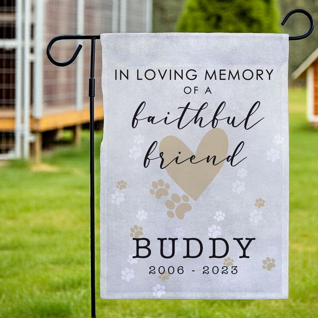faithful friend in loving memory pet memorial garden flag with heart and paw prints for Buddy