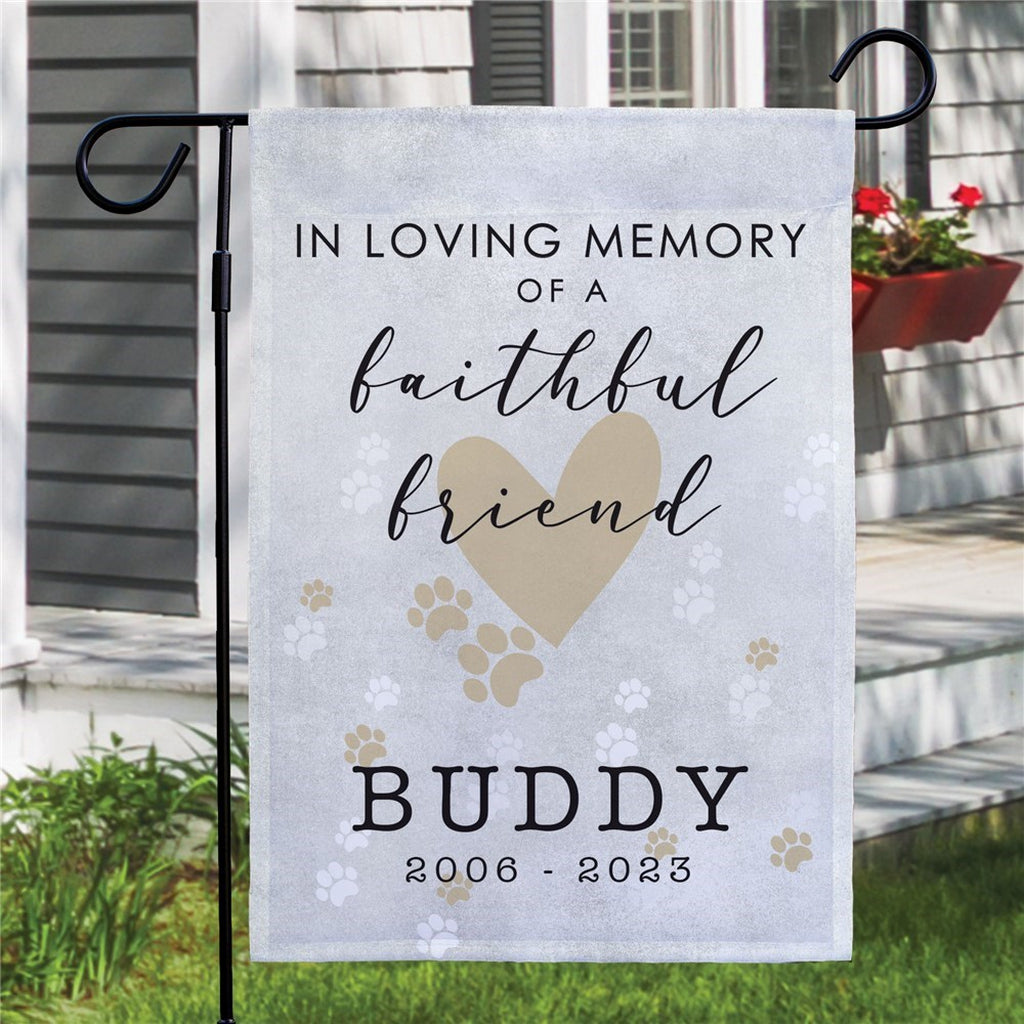 faithful friend in loving memory pet memorial garden flag with paw prints and heart design